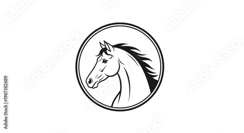 Horse head profile with flowing mane enclosed within a circular frame shown as a black and white graphic logo or emblem.