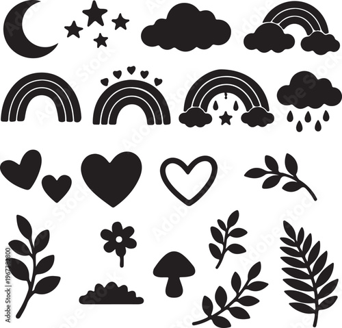 A collection of assorted black silhouette icons featuring celestial bodies nature and rainbows