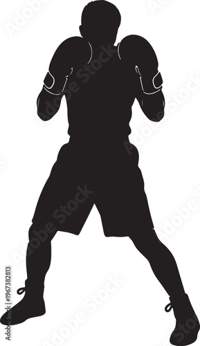 Silhouette of a boxer in a fighting stance wearing boxing gloves and shorts also transparent background