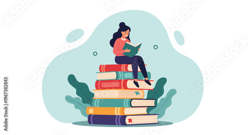 Young woman sitting on a tall stack of books and reading a green book in a peaceful setting with plants on a soft blue background.