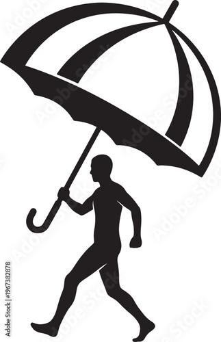 Silhouette of a person walking with a black and white striped umbrella also transparent background