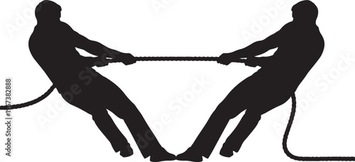 Silhouette of two people engaged in a tug of war with a long rope also transparent background pulling