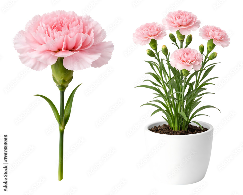 Obraz premium Pink carnation flowers in a white pot and single stem isolated on transparent background