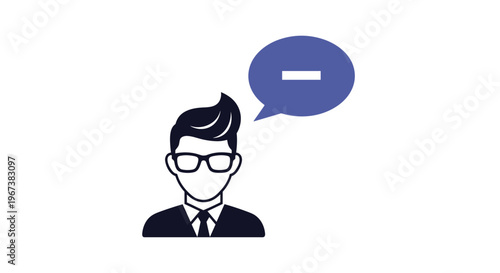 Professional man icon with a speech bubble containing a minus sign on a white background representing disagreement or negative feedback.