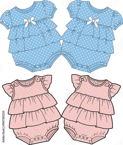 Vector product illustration of two matching baby girl rompers with ruffled tiers decorative bows and polka dot pattern.
