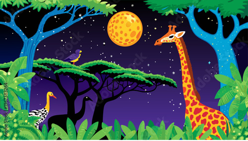 African savannah at twilight with giraffe bird and trees under starry night sky with full moon
