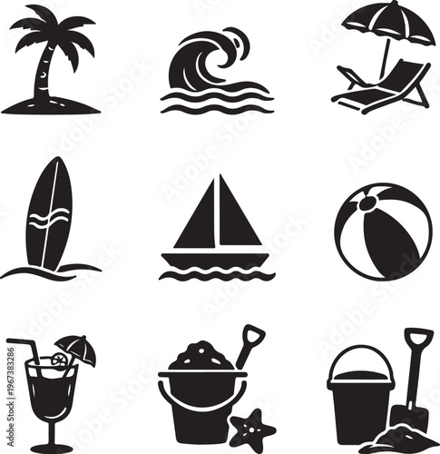 Set of black and white summer beach icons depicting vacation activities and tropical items today.