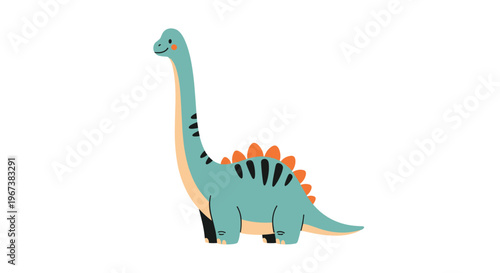 Cute cartoon brachiosaurus dinosaur with a long neck and orange plates on its back standing with a friendly smile on its face.