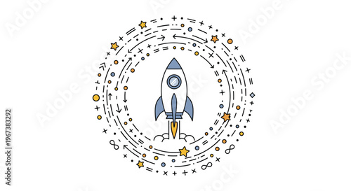 Detailed line art illustration of a rocket ship surrounded by celestial symbols and dashed lines on a white background for space concepts.