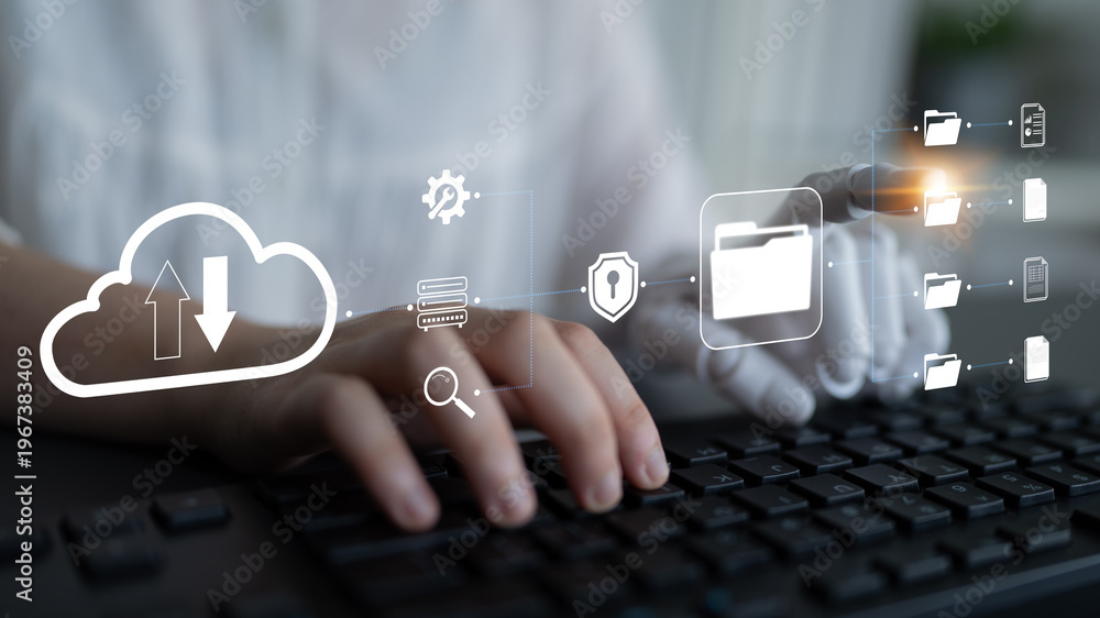 Naklejka premium Hands typing on keyboard with digital cloud storage icons and security symbols representing data management and technology innovation in modern workspace Quark.