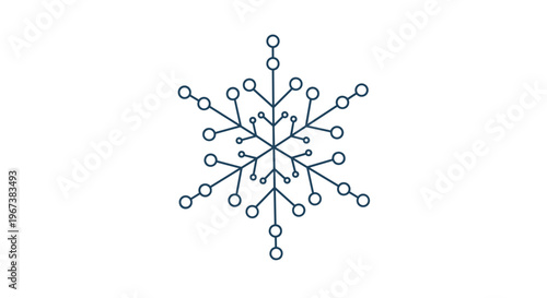 Symmetrical dark blue snowflake icon made of lines and circles on a white background for minimalist winter and holiday design themes.