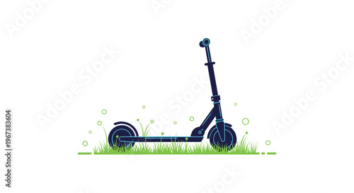 Dark blue kick scooter on a patch of green grass with soft bubbles on a white background representing eco-friendly urban transportation.