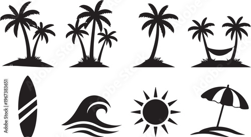 A collection of black silhouette icons depicting various elements of a tropical summer vacation