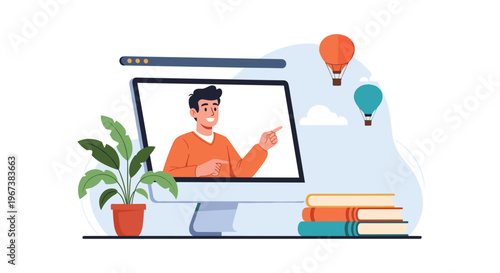 Man giving an online presentation on a computer screen in a workspace with books and hot air balloons floating in the background.