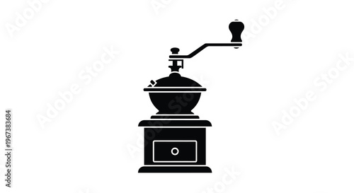 A black silhouette illustration of a vintage coffee grinder