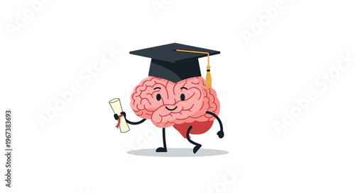 Cartoon brain character wearing a graduation cap and holding a diploma while running on a white background representing smart learning.