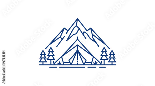 Mountain Camping Landscape with Tent and Trees Line Art Icon on Isolated White Background