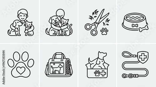 Comprehensive Pet Care and Grooming Line Art Icons Set on Isolated White Background
