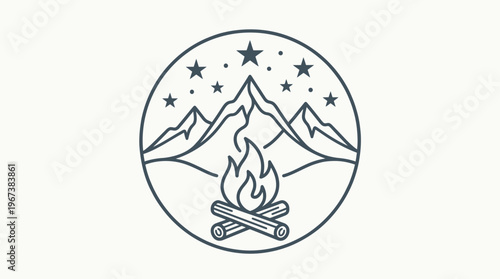 Outdoor Adventure Campfire and Mountains Circle Logo Line Art on Isolated White Background