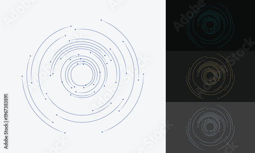 Abstract circular technology background with dashed lines and dots representing digital network connection. Vector illustration of HUD interface element or planetary orbits in minimalist style.