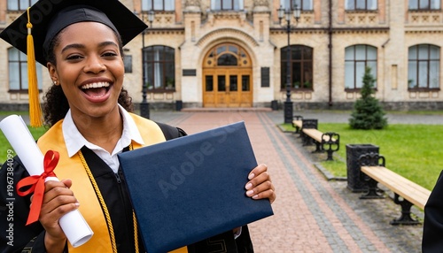 Happy Black female graduate holding diploma in front of university building. Smiling young woman celebrating graduation day. Achievement and education concept
