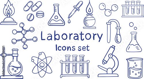 Laboratory science doodle icons set hand drawn with blue ink,