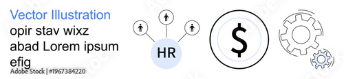 Business strategy, HR management, financial planning, collaboration tools, workflow, organizational development. HR diagram, dollar symbol and gear icons. HR management and financial planning