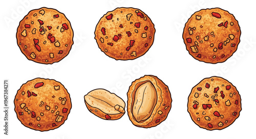 A colorful illustration of cookies with nuts on a white background
