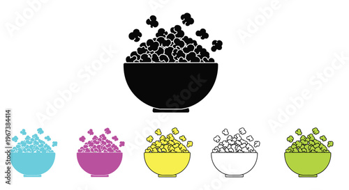 A collection of colorful bowls filled with fluffy popcorn