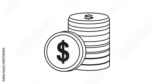 Stacked dollar coins in simple black and white line art represent currency accumulation banking services and commercial profit growth.