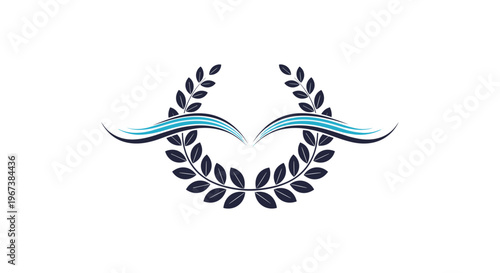 Laurel wreath icon with blue wavy lines inside combines symbols of victory achievement and maritime excellence for logo or badge design.