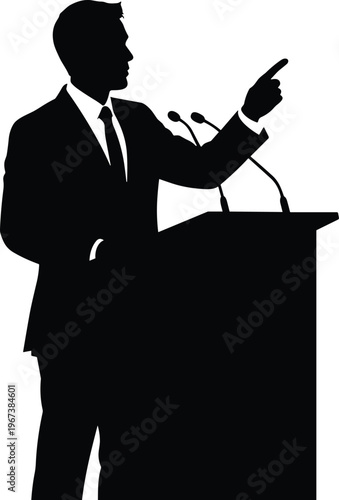 Businessman giving speech at podium silhouette, male speaker presenting or pointing during presentation, leadership and public speaking concept, black vector isolated on white background