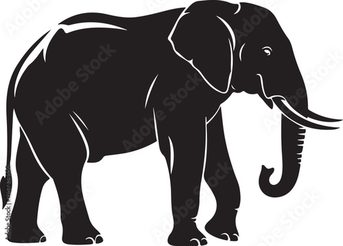 Black silhouette elephant standing white background