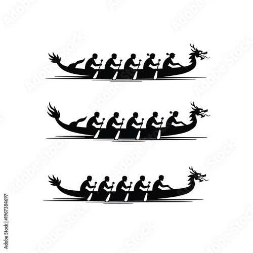 Dragon boat teams compete with stylized designs a striking silhouette