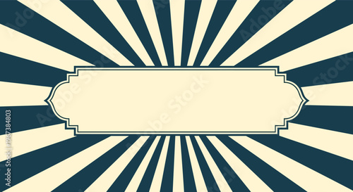 Vintage sunburst background in blue and cream colors features central ornate frame for text placement in retro graphic design style.