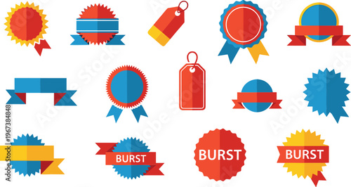 Sale badges and burst labels collection ribbons tags promotional stickers discount vector illustration set