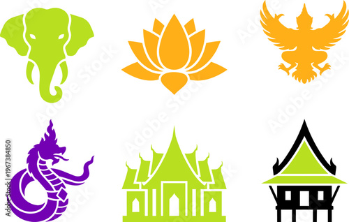 Vibrant Thai cultural icons in bright green and yellow colors