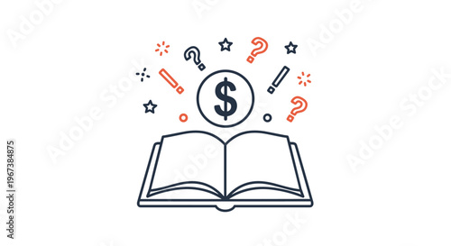 Open book with dollar sign stars and question marks floating above represents financial education money management and investment wisdom.