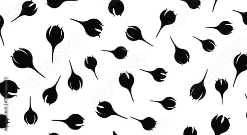 Black flower bud silhouettes scattered in seamless pattern create dark botanical texture for fabric prints and sophisticated wall art.
