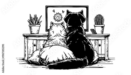 A black and white illustration of two dogs watching TV together