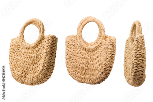 A beige straw bag isolated on a white background.