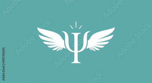 White psychology psi symbol with wings on teal background represents mental health support therapy spiritual growth and mindful awareness.