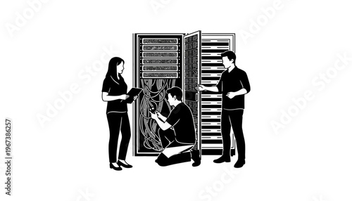 Server engineers working on a large server cabinet in a data center