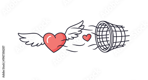 Red hearts with wings flying toward butterfly net symbolize romantic pursuit capturing love and chasing affection in whimsical style.