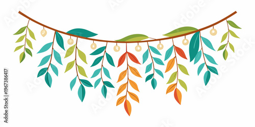 Decorative autumn foliage garland with colorful leaves and berries, vector