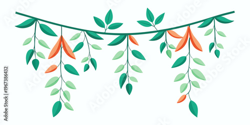 Hanging floral garland with green leaves and orange petals, vector