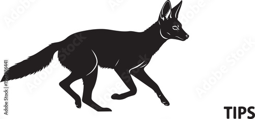 Black silhouette of a fox walking on white background with tips text