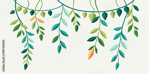 Stylized hanging green vines and botanical leaves, vector