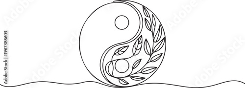 Yin Yang symbol with swirling leaves and vines taijitu. one line art icon drawing vector