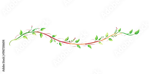 Wavy green vine with leaves and buds, vector
